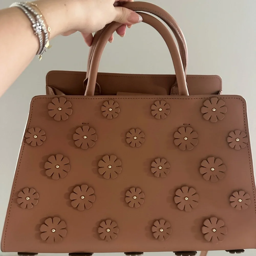 Floral Embellished Tan Handbag - Picture 1 of 7